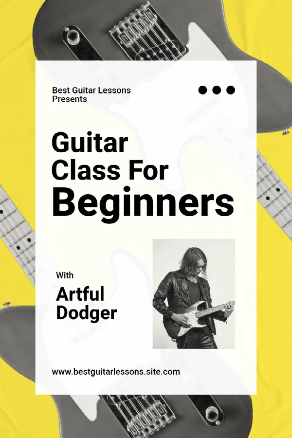 A Pinterest ad for a Guitar Class for Beginners with Artful Dodger against a yellow background with black and white guitars