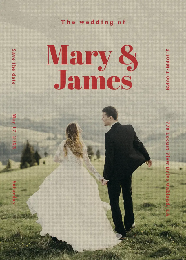 A wedding save-the-date card with event details and a picture of a couple standing on a hill with their backs turned to the camera