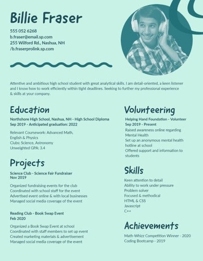 Green Pink High School Student Resume