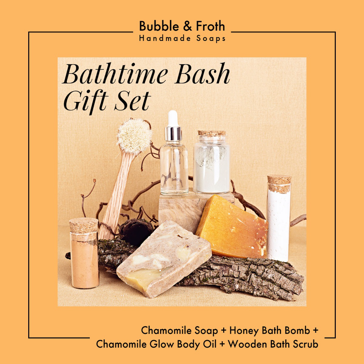 Facebook Marketplace ad for a Bathtime Bash Gift Set that includes a product image with soap, a bath scrub, body oil, and more.