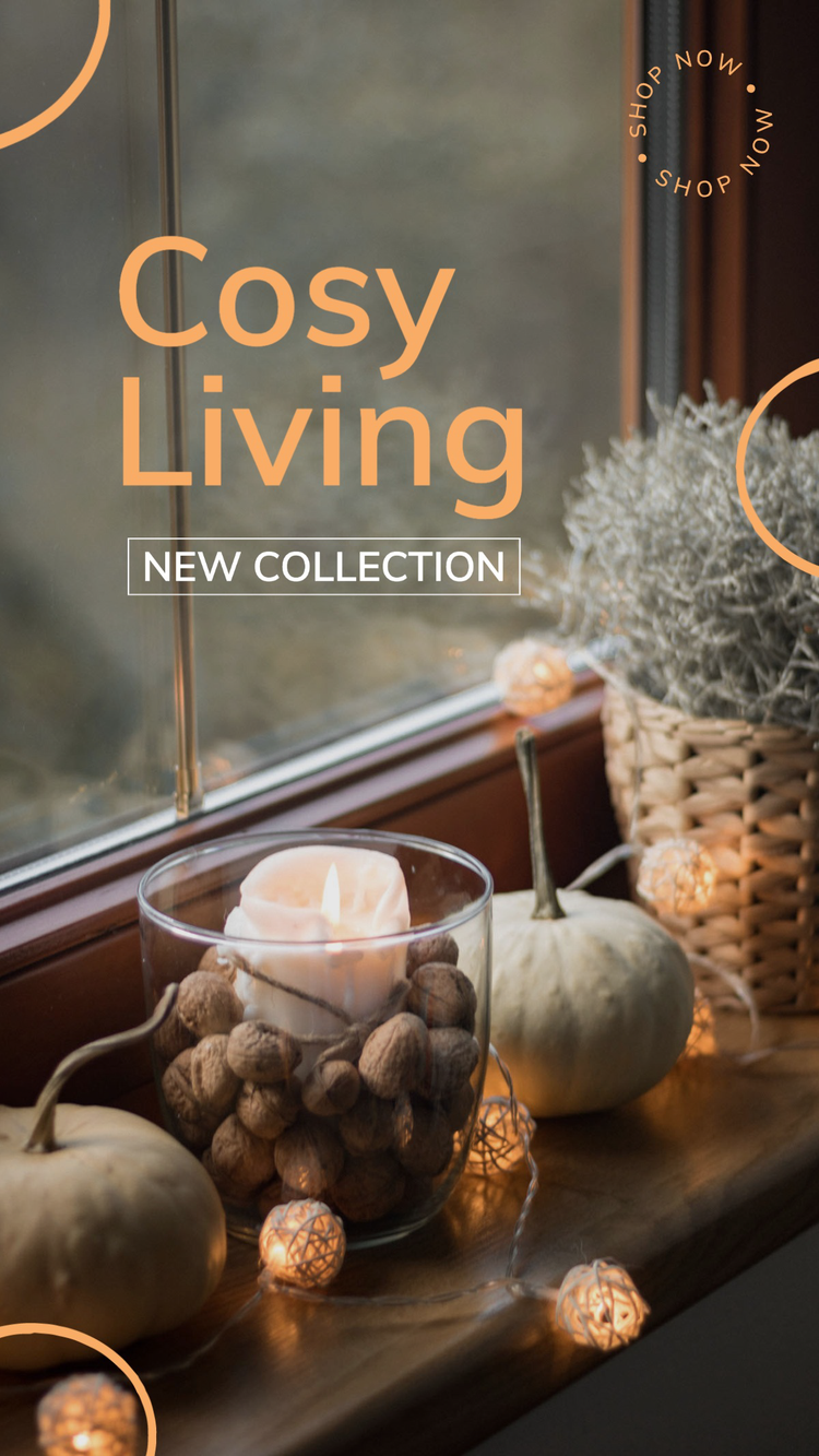 "Cosy Living New Collection" sponsored Instagram post with windowsill decorations – decorative pumpkins, plant pot, and a glass jar