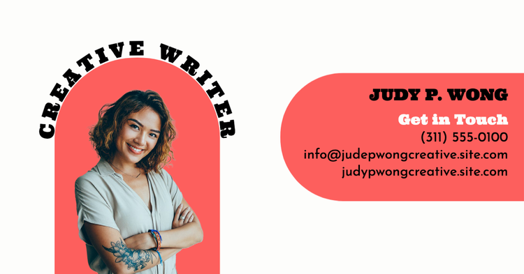 "Creative writer Judy P. Wong" LinkedIn banner with a picture of a person posing and their contact information – phone number and email