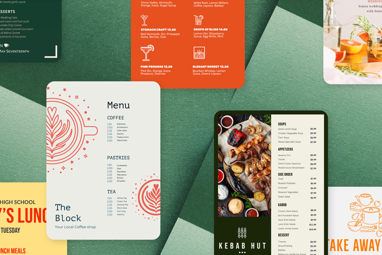 Several colorful styles of restaurant menus superimposed upon a textured green background.