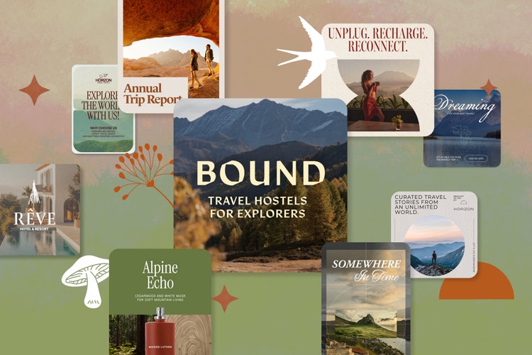 Nature and travel inspired templates with mountains and pools over a green background with nature elements to represent the Lodgecore Softness trend