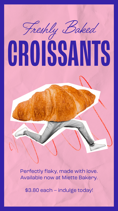 A mashup of a croissant with a man's running legs over a pink background with a dark blue border