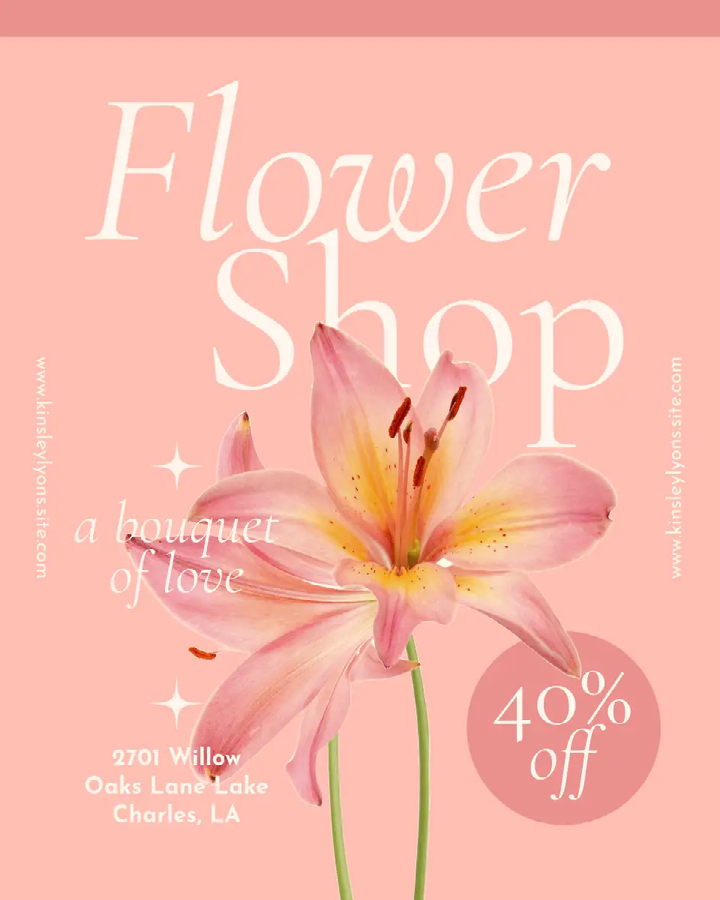 A social media post promoting a flower shop with pink and yellow flowers against a pink background