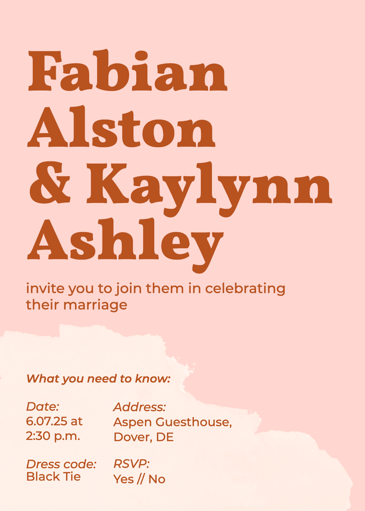 "Fabian Alston & Kaylynn Ashley invite you to join them in celebrating their marriage" wedding invitation with details against a light pink background