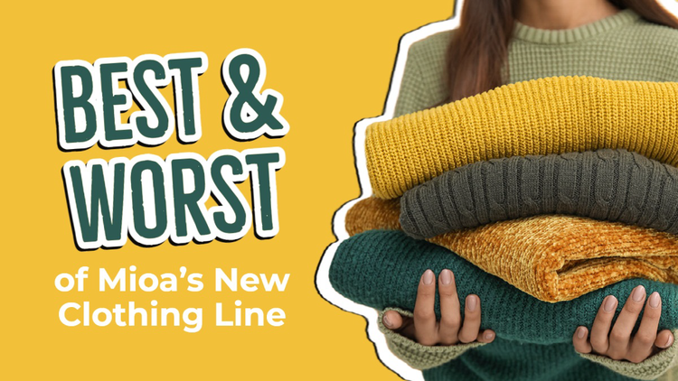 "Best & Worst of Mioa's New Clothing Line" YouTube banner with a close-up of a person holding a stack of 4 sweaters