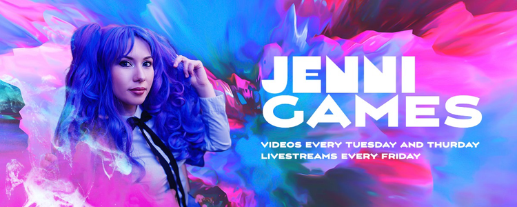 A Twitch banner for Jenni Games videos every Tuesday and Thursday Livestreams every Friday with an image of a person with purple hair