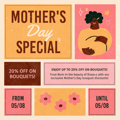 Mother's day 20% of bouquets advertisement in yellow and pink