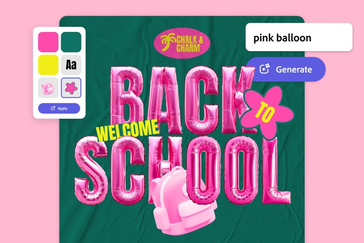 pink and green background with type saying Welcome Back To School and Adobe Express elements for designing
