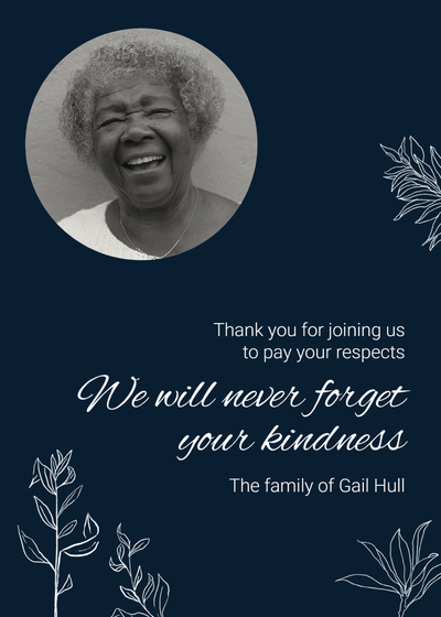Thank you for joining us to pay your respects sympathy card with an image of the deceased against a dark blue background