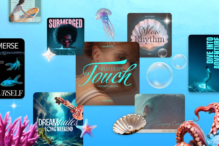 Different template ides for Iridescent Depths over a blue background with a theme of the ocean (seashells, jellyfish, octopus, coral)