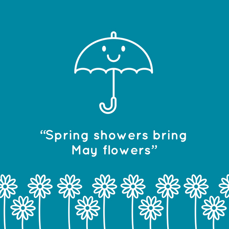 "Spring showers bring May flowers" Instagram post with a graphic of a smiling umbrella above flowers