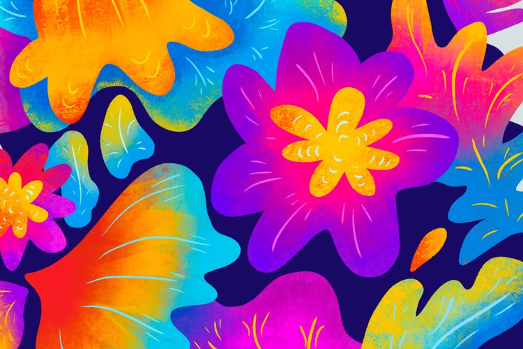 big, bold flowers in bright colors. the main focal point is a purple flower with o