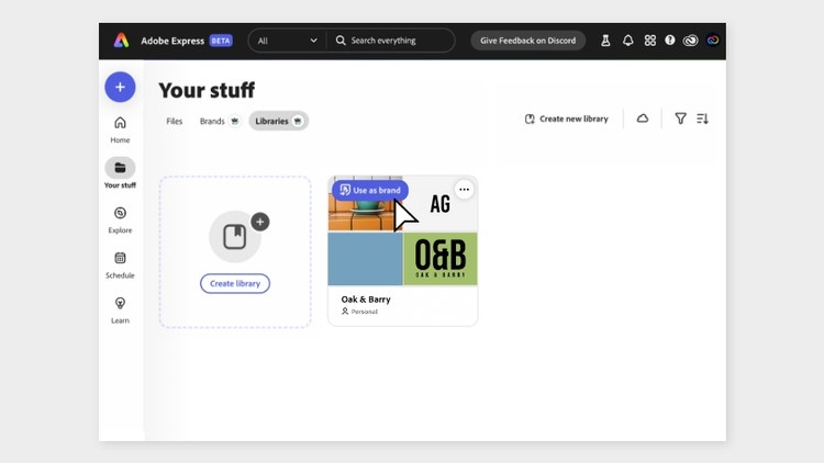 The clicker selects “Use as brand” appearing over a library thumbnail on the Libraries page || step1_Create-a-brand-kit-from-scratch-or-from-an-existing-Library_900x506