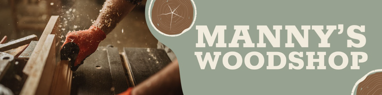 An Etsy banner for Manny's Woodshop with an image of a person cutting wood