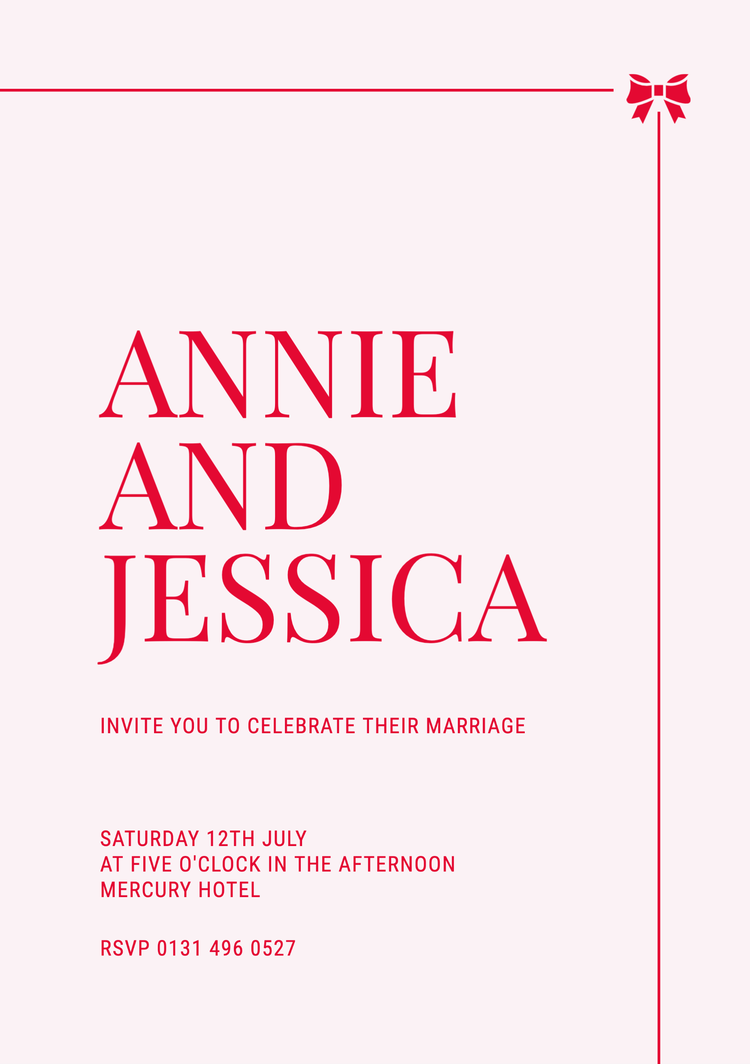 "Annie and Jessica invite you to celebrate their marriage" wedding invitation with event details