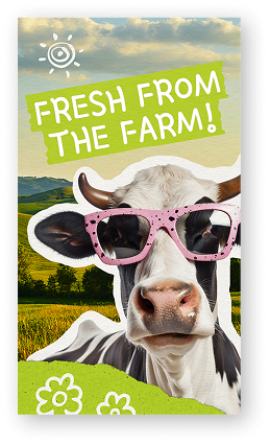 A cow wearing pink sunglasses stands in a green field under a sunny sky. Text reads