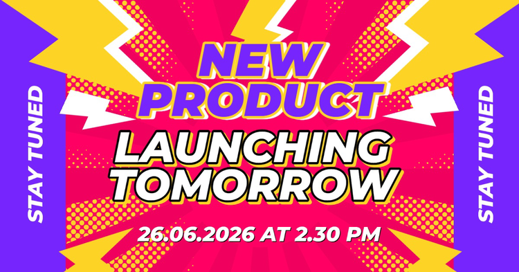 "New Product Launching Tomorrow" with relevant details written against a pop art background with lightning bolts