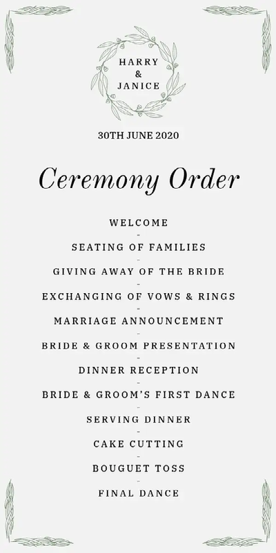 A white and green wedding program with green icons of leaves