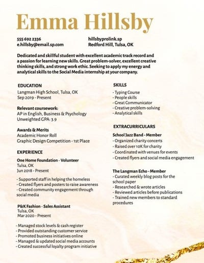 Gold & White Marble Student Resume