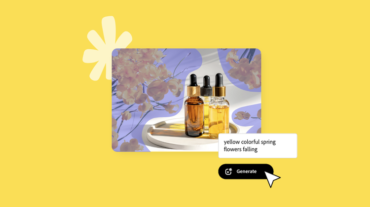 Against a yellow background, a product photo of three perfume bottles surrounded by yellow flowers created by Generative Fill, denoted by overlaying brush marks and a text field containing the AI prompt yellow colorful spring flowers falling, and a black generate button below