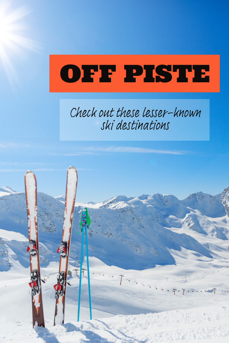 "Off Piste – Check out these lesser-known ski destinations!" blog post header with skis against a snowy mountain background