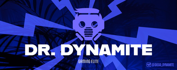 A Twitter banner for Dr. Dynamite – Gaming Elite with an icon of a person in a gas mask against a blue background with lightning bolts