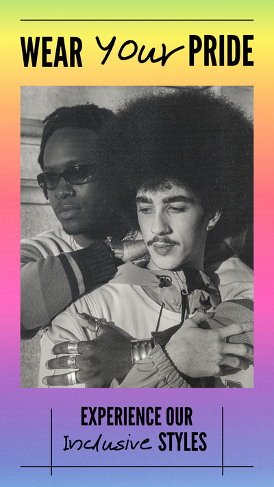 "Wear your pride" advertisement featuring black and white photo over a rainbow background