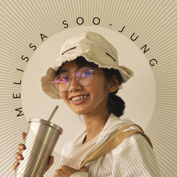 Instagram profile picture of a person named Melissa Soo-Jung with braces and glasses wearing a bucket hat and holding a reusable straw cup