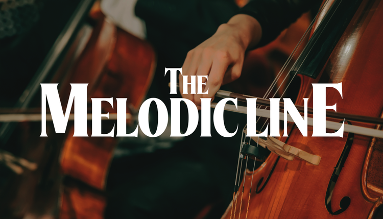 Adobe Express business card template for "The Melodicline" featuring photograph of cello
