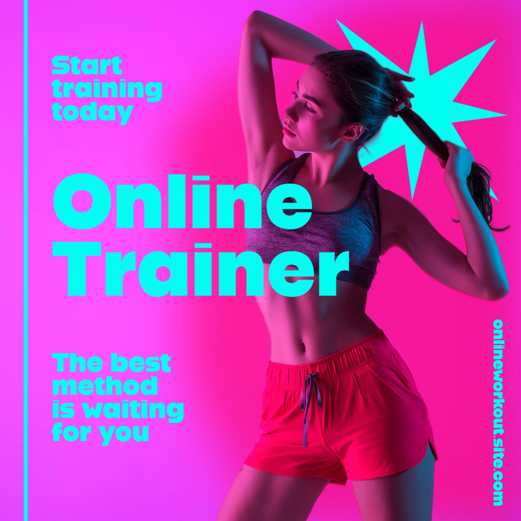 A social media ad for an online trainer with a person posing in a workout outfit against a pink background