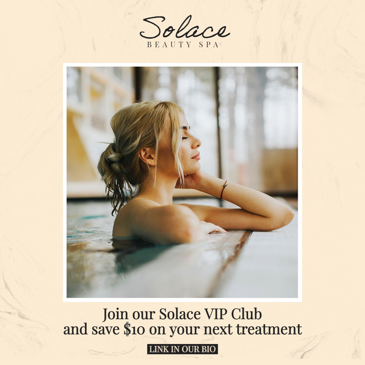 "Solace Beauty Spa" affiliate Instagram post with an image of a person relaxing in a pool with a "Link in Bio" CTA