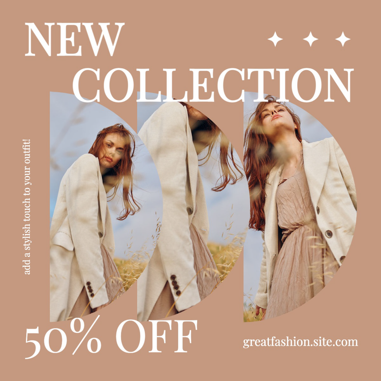 "New Collection 50% Off" Instagram post with images of a person in a nude dress and white coat posing