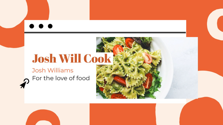 "Josh Will Cook – Josh Williams for the love of food" blog header with an image of a pasta dish against an orange and off-white background