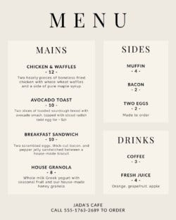 Beige image of a menu