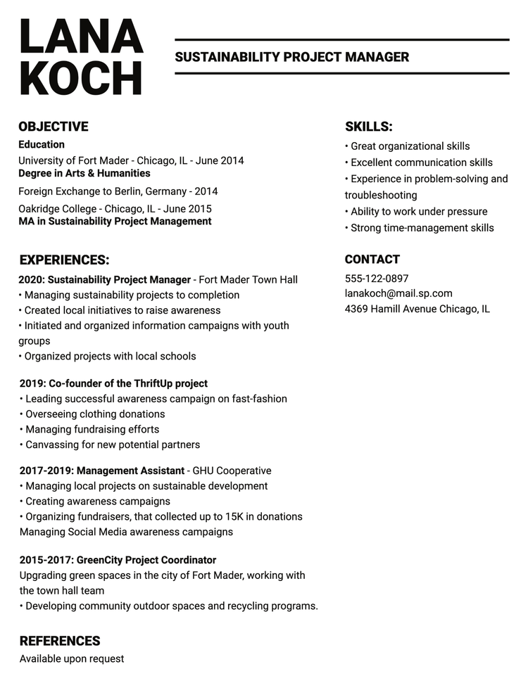 A resume for a sustainability project manager with a heavy header font and clean body text