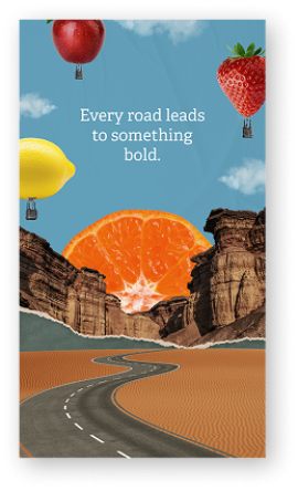 Surreal desert scene with a winding road, orange slice sunset, fruit-shaped hot air balloons, and text: