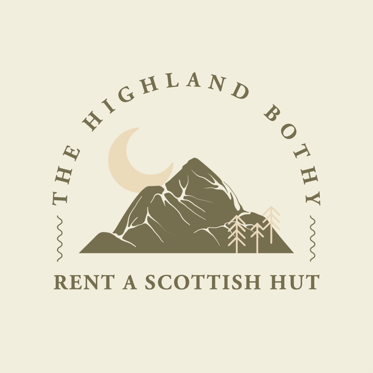 "The Highland Bothy – Rent a Scottish Hut" advertisement with an icon of a mountain with a crescent moon