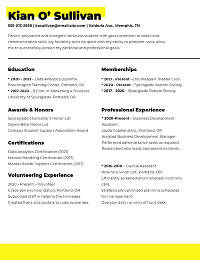Black, white, and yellow student resume with a sans serif font
