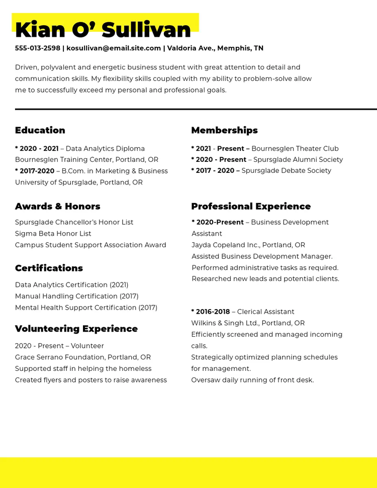 Black, white, and yellow student resume with a sans serif font