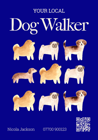 Your local dog walker advertisement featuring illustrations of dogs