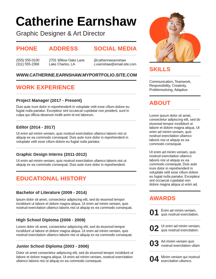 Black, white, and orange creative resume for a graphic designer & art directors with a sans serif font