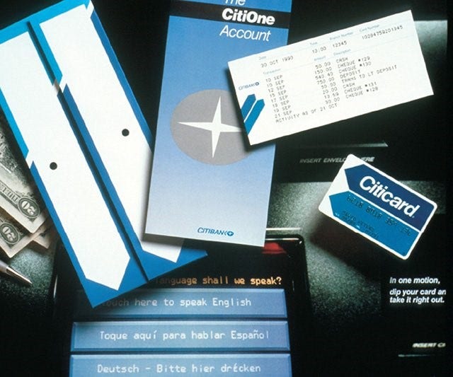 A Citibank ATM, card, cash, bank statement collaged.