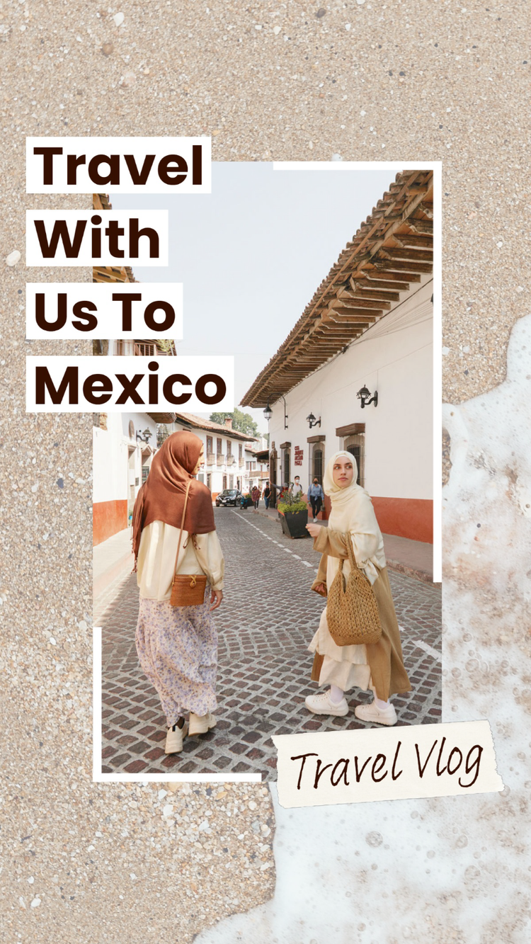 A social media influencer's post promoting their travel vlog to Mexico with an image of two people walking down a cobblestone street