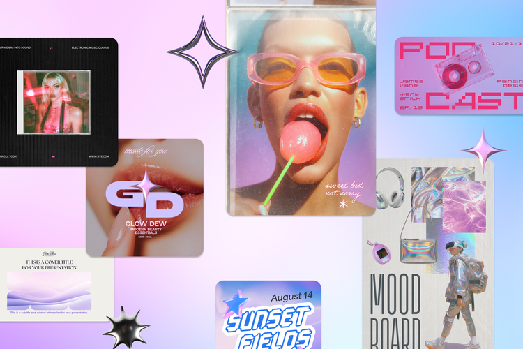 A collage shows five Digital Real designs with metallic stars around them.