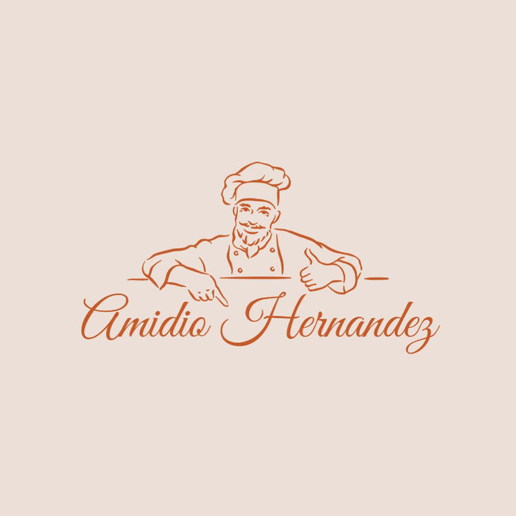 A logo with script font for Amidio Hernandez with an icon of a chef with a thumbs up pointing to the brand name