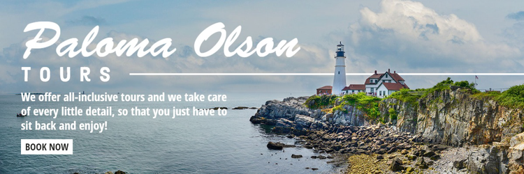 A horizontal banner ad for Paloma Olson Tours with an image of a cliffside with a lighthouse next to an ocean