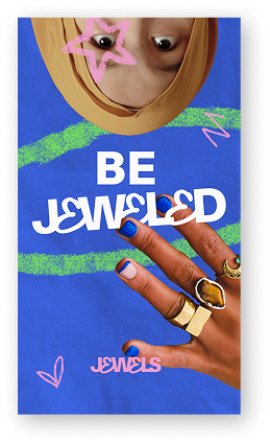An upside-down person wearing rings and dark blue nail polish reaching toward the words “Be Jeweled” in bold white text.